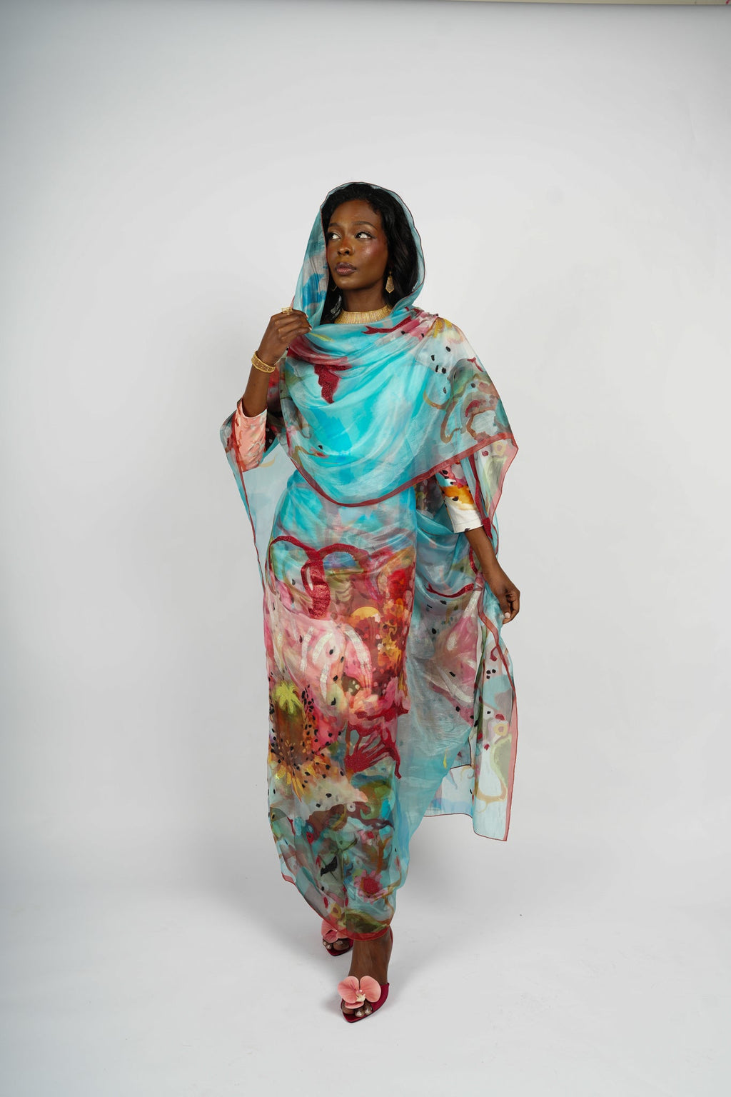 Amnaswardrobe Lagoon Muse - Luxury Sudanese Toub and Dress Set, handcrafted designer with coordinated patterns