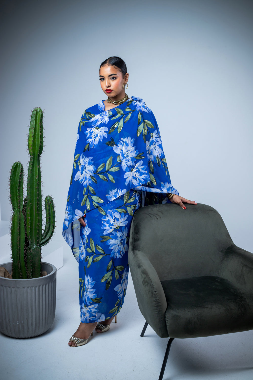 Blue hand-painted chiffon