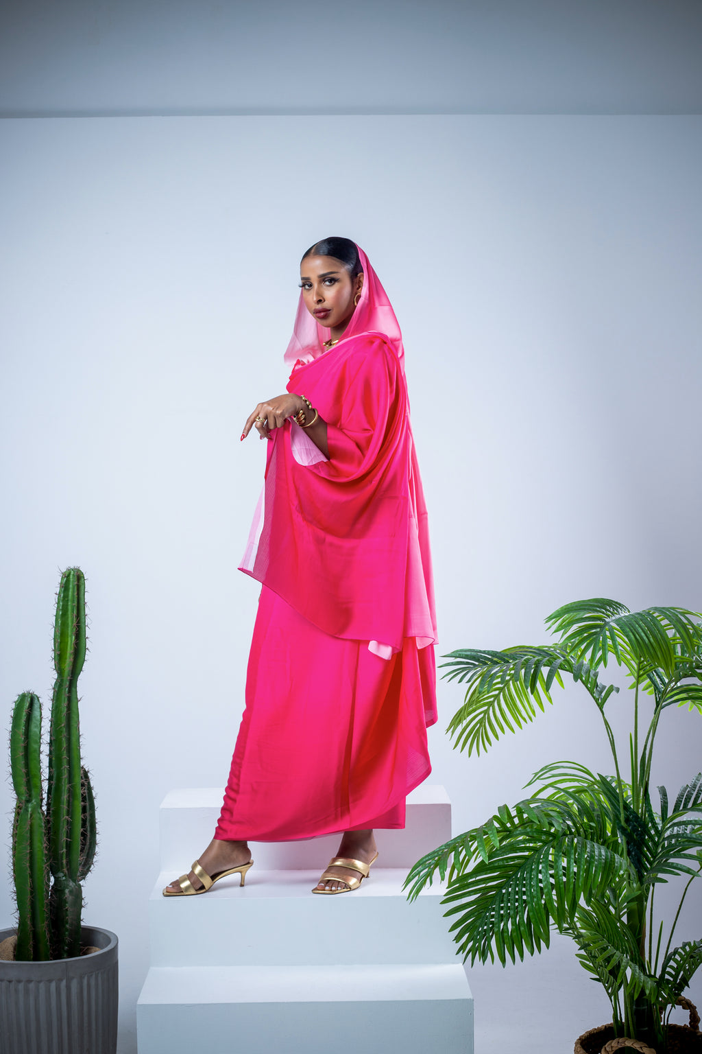 Hot pink ombre satin thoub